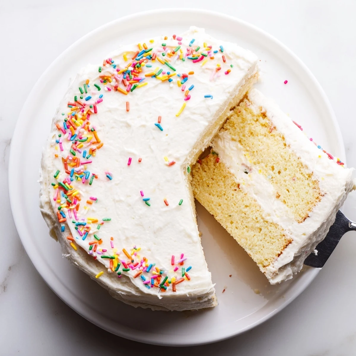 Vanilla bean birthday cake with buttercream frosting topped with colorful sprinkles for celebrations