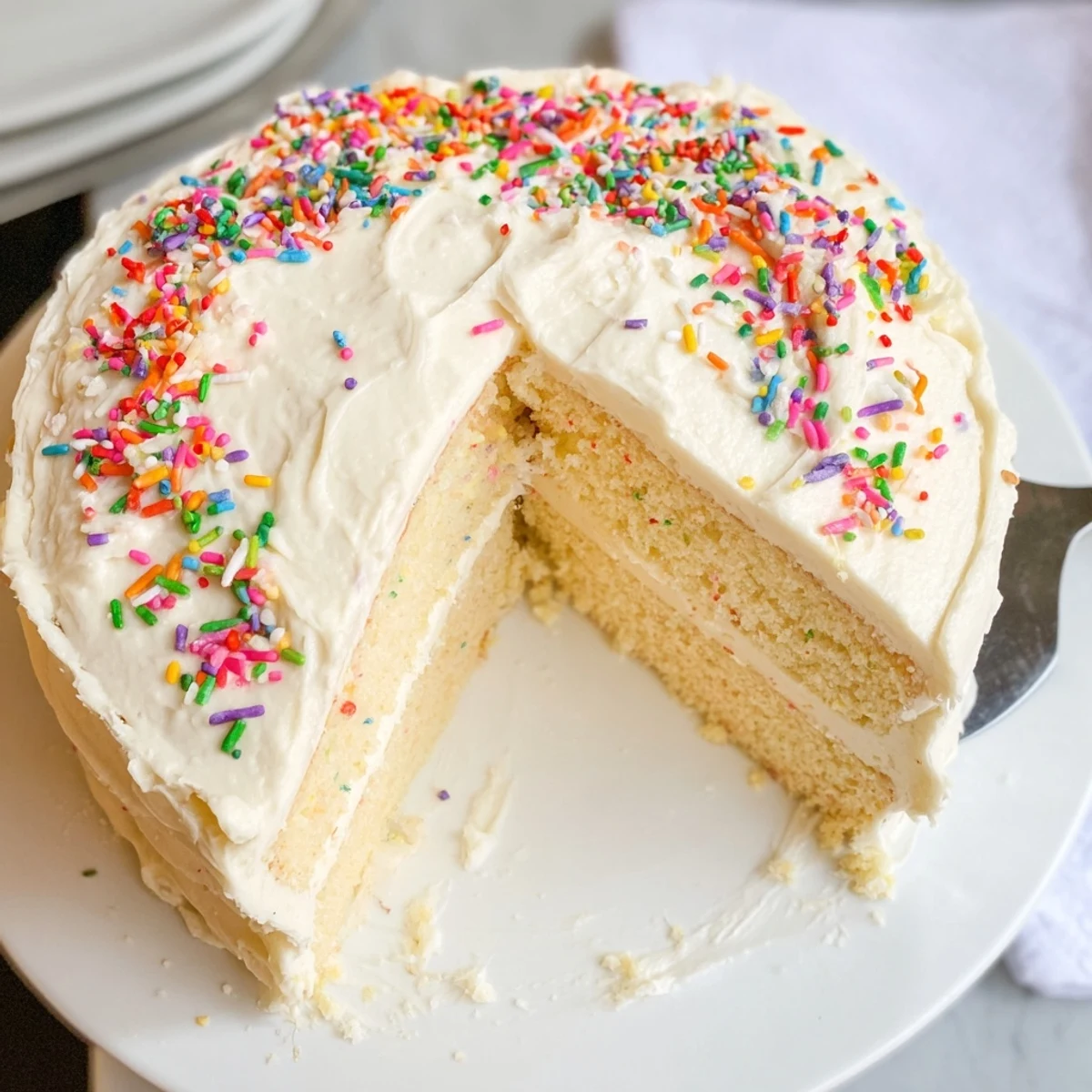 Slice of vanilla bean birthday cake revealing tender crumb layered between creamy buttercream frosting