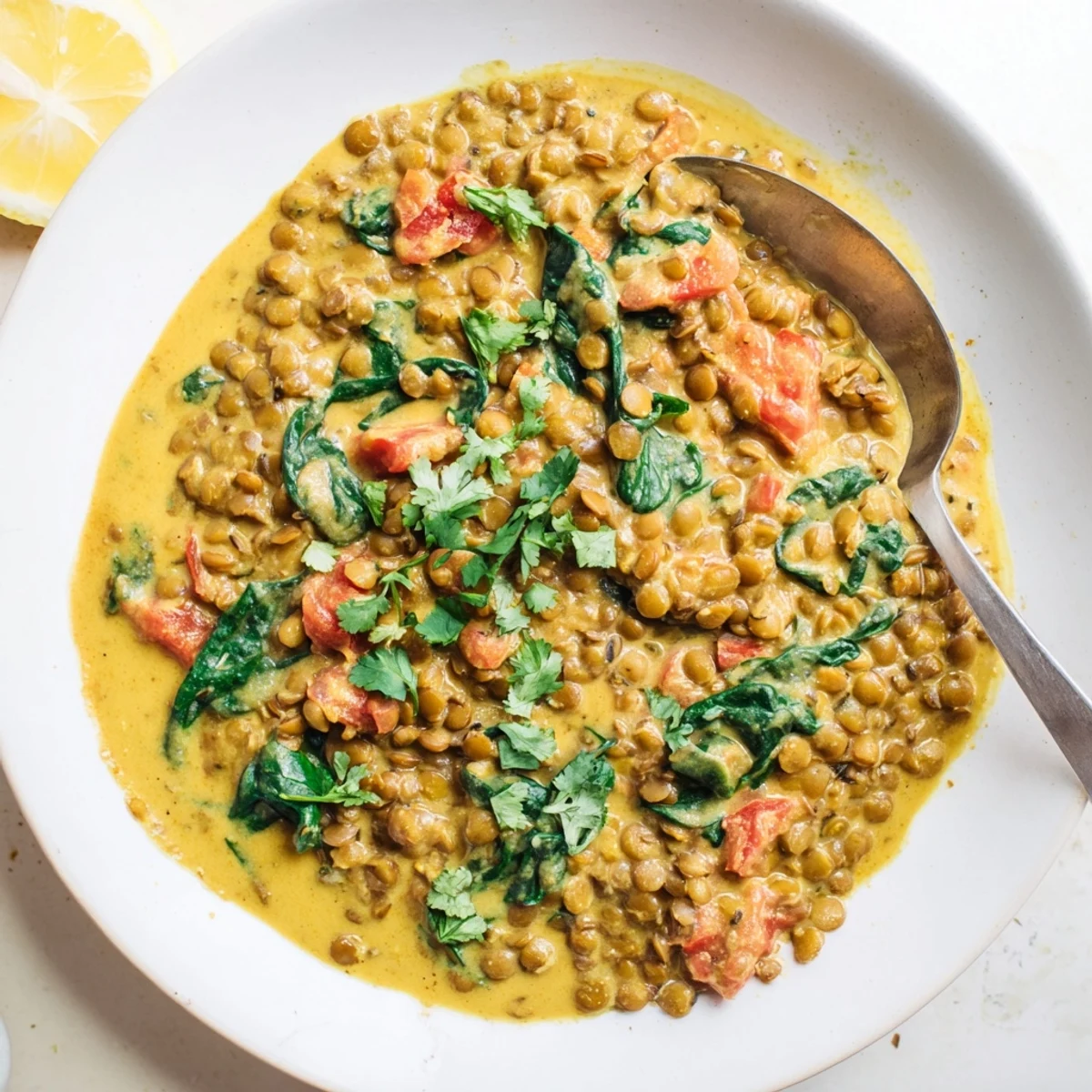 Creamy Greek yogurt lentil curry served in a white bowl topped with fresh cilantro