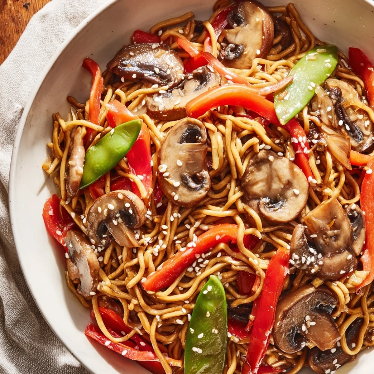 Close-up of garlic mushroom chow mein showcasing caramelized mushrooms and spring onions atop saucy tangled noodles