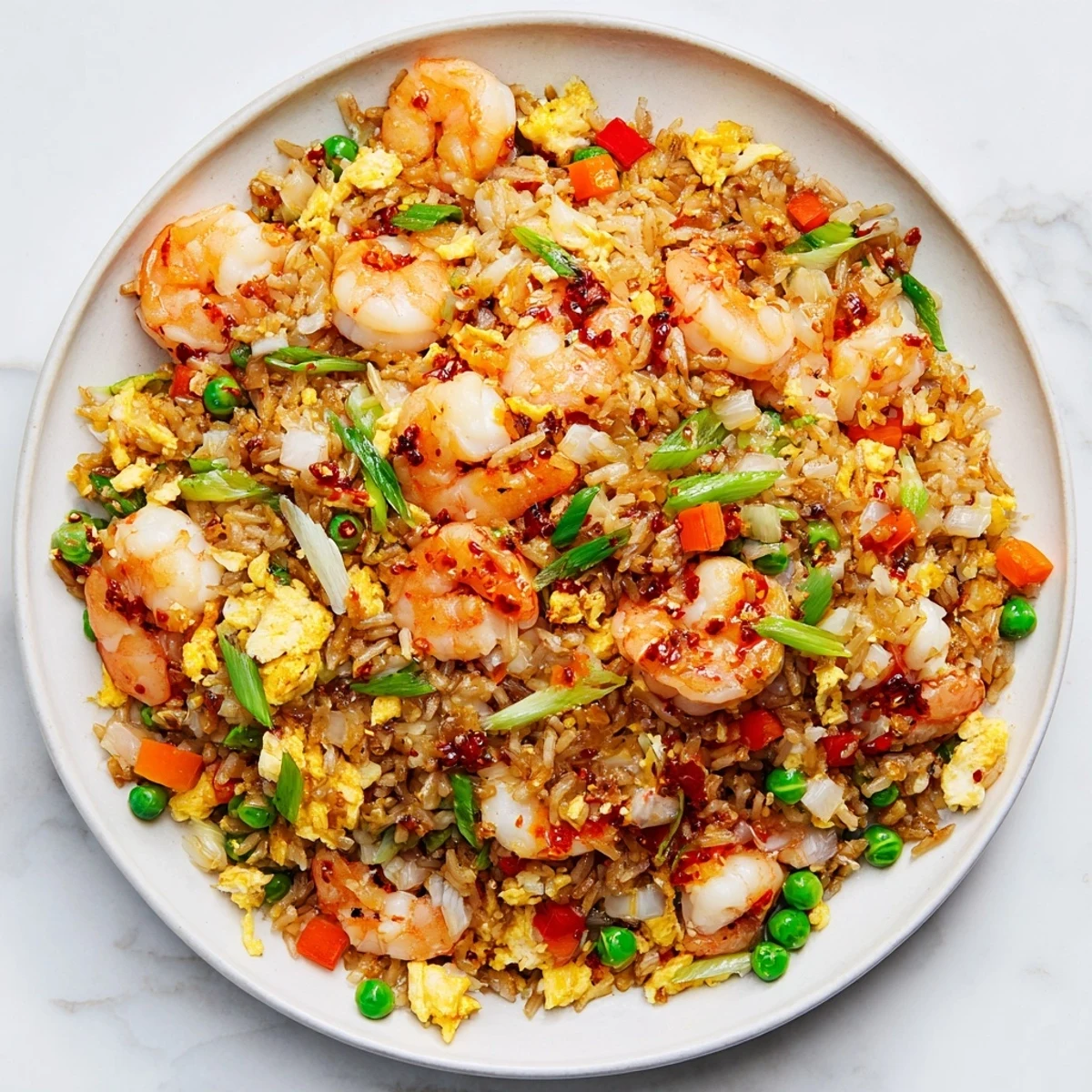 Wok-fried jasmine rice tossed with tender seafood, peas, and carrots topped with glossy homemade garlic chili oil