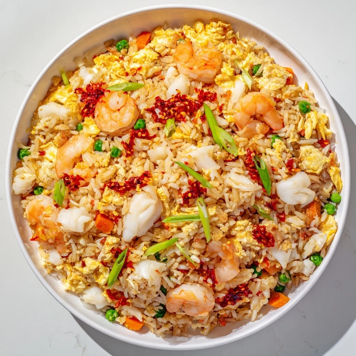 Golden fried rice studded with pink shrimp, crab meat, and colorful vegetables drizzled with spicy red garlic chili oil