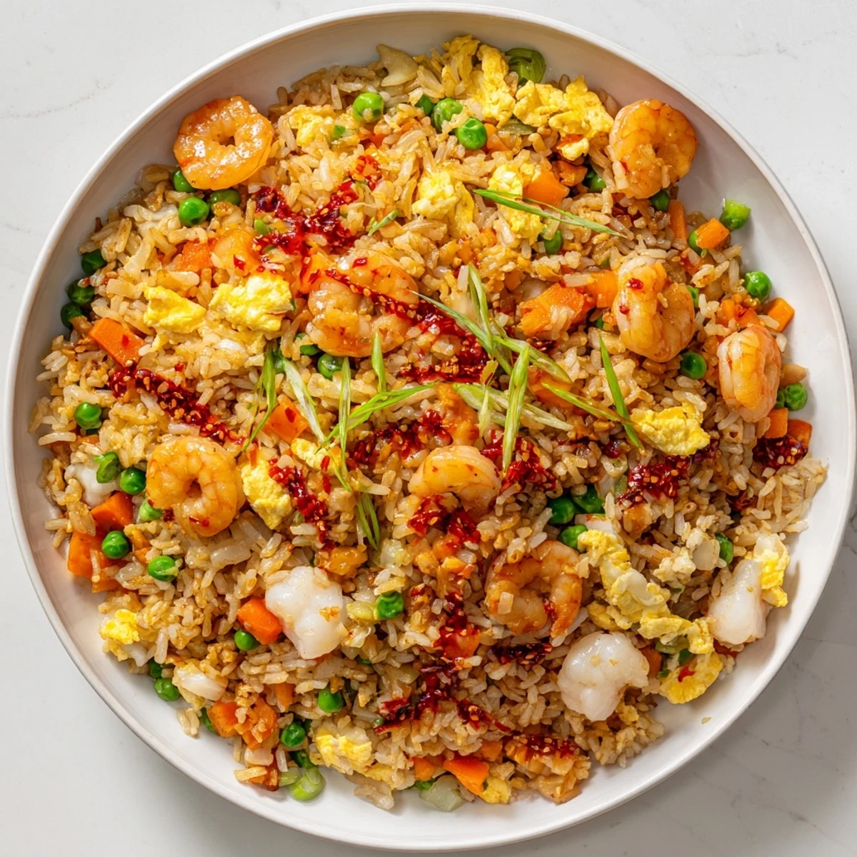 Vibrant bowl of spicy crab and shrimp fried rice finished with aromatic red chili oil and fresh green scallions