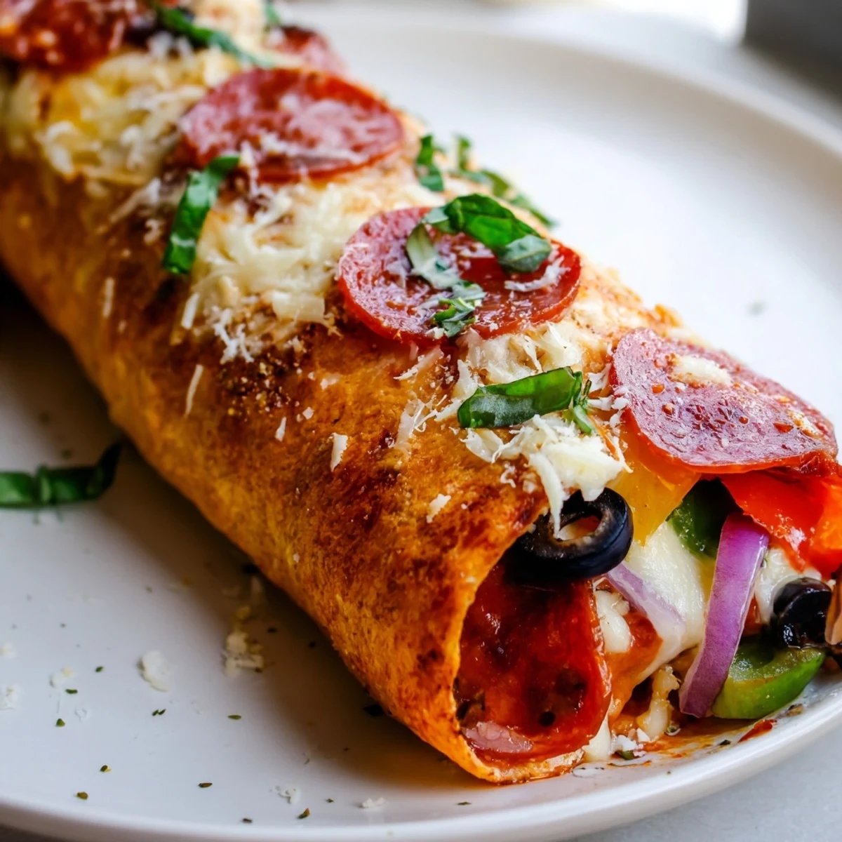 Golden oven baked pizza burritos stuffed with melted mozzarella and pepperoni on a parchment lined baking sheet
