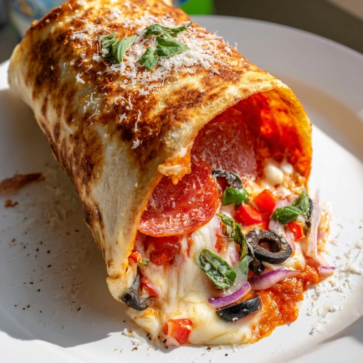 Crispy air fried pizza burritos cross section revealing colorful bell peppers olives and cheesy pizza filling
