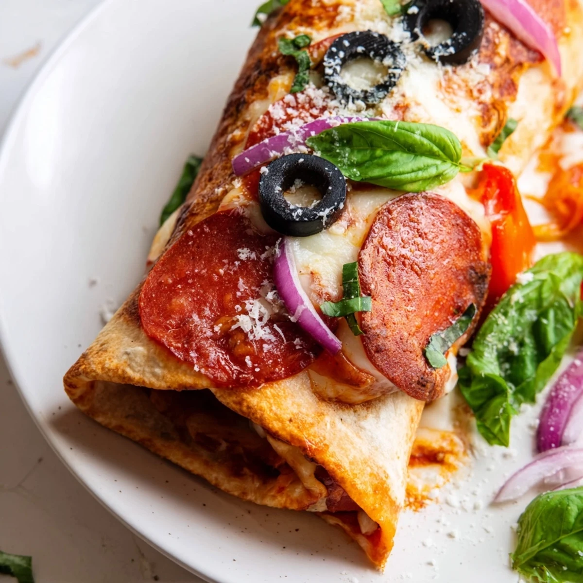 Homemade pizza burritos with fresh basil garnish served alongside dipping sauce for a fun fusion dinner