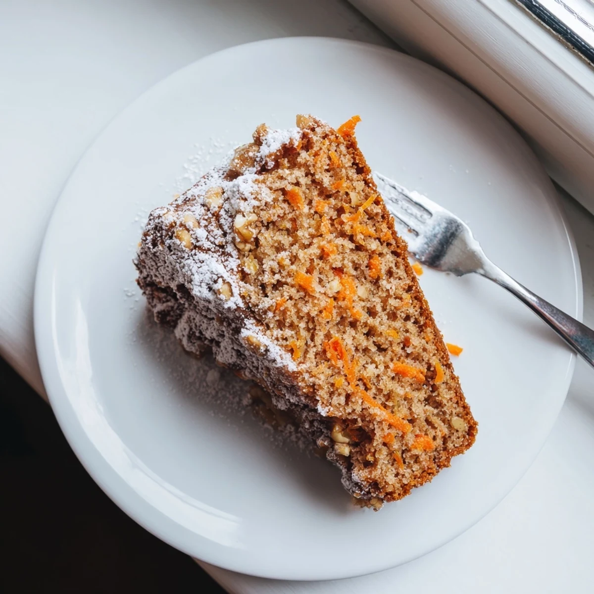 Moist Greek yogurt carrot cake sprinkled with powdered sugar on a white serving plate
