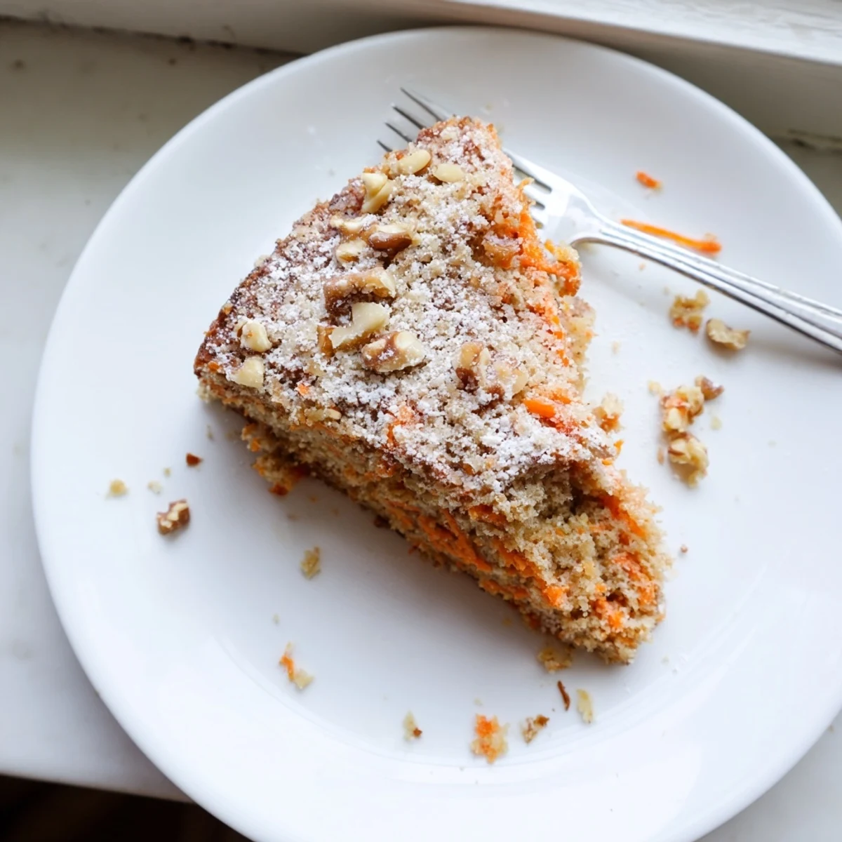 Spiced carrot cake made with Greek yogurt featuring visible grated carrot bits and walnuts