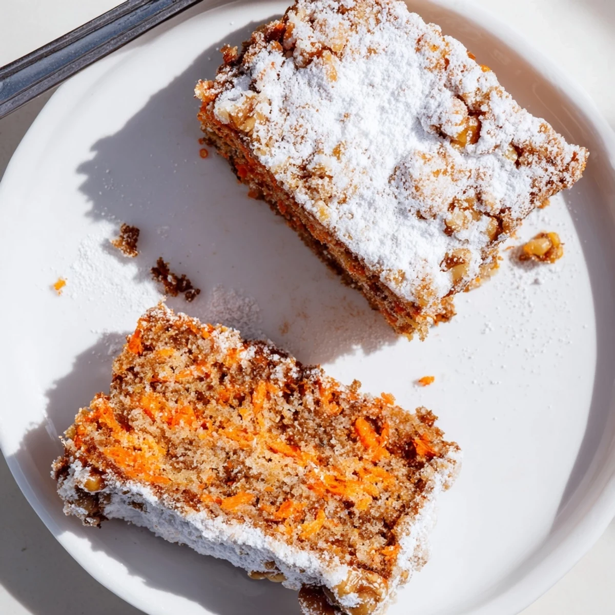 Homemade Greek yogurt carrot cake one bowl recipe with a slice on a wooden board