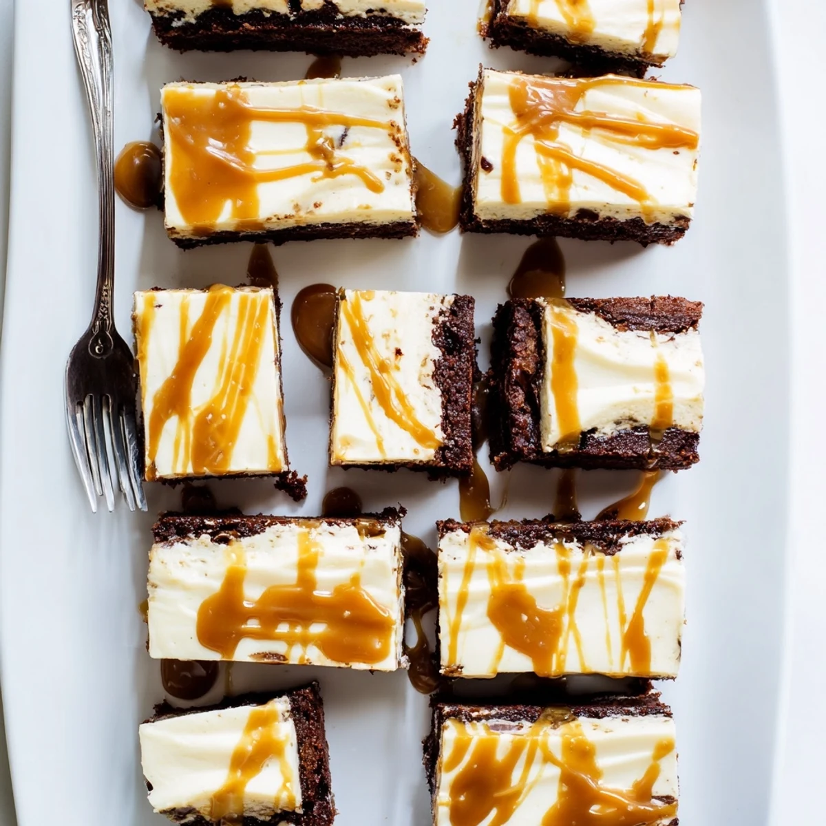 Sliced caramel brownie cheesecake bliss bar showcasing fudgy layers topped with glossy golden caramel sauce
