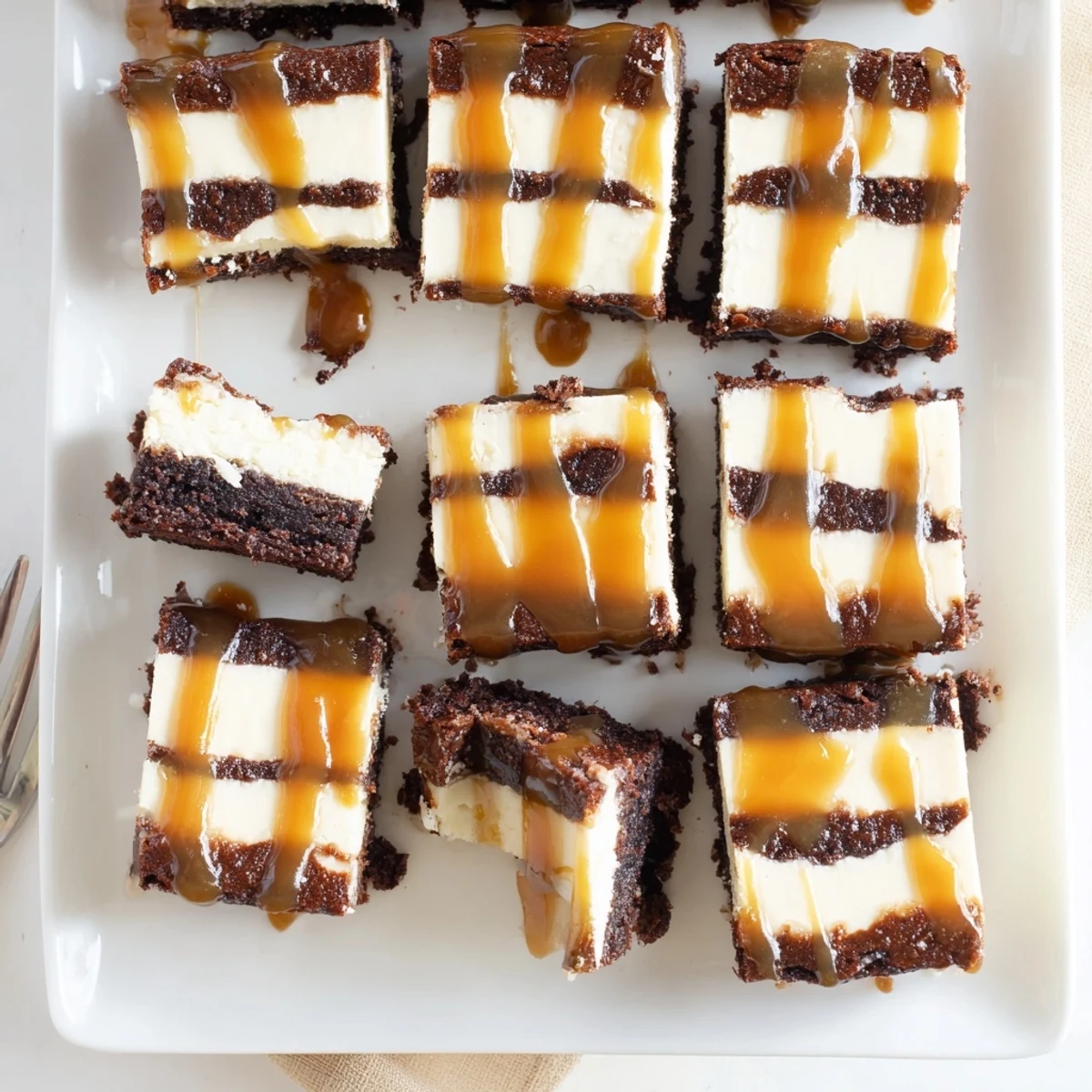 Decadent caramel brownie cheesecake bliss square with rich chocolate base and smooth creamy cheesecake layer