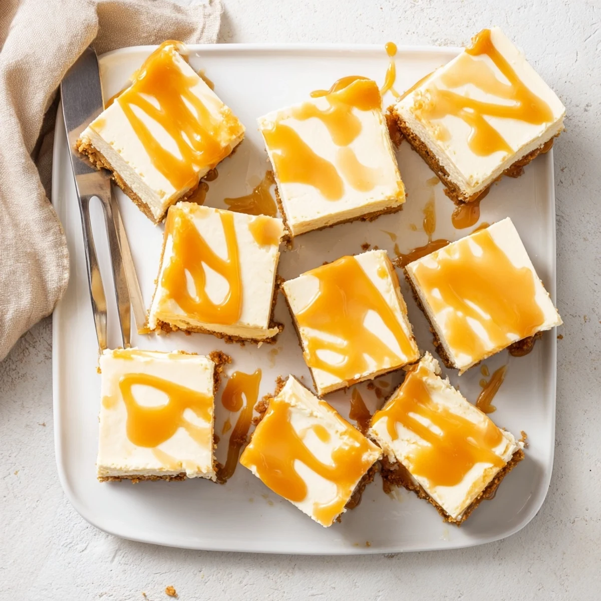 Square slice of caramel cheesecake bars with buttery crust and rich glossy caramel topping