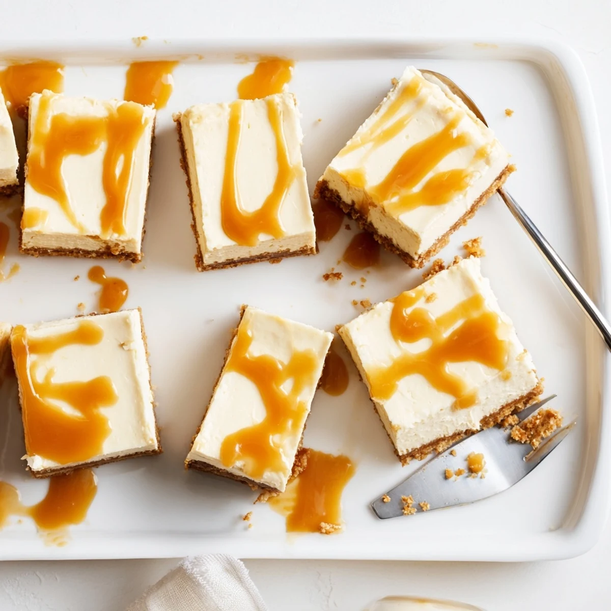 Golden caramel dripping over thick creamy caramel cheesecake bars on graham cracker crust