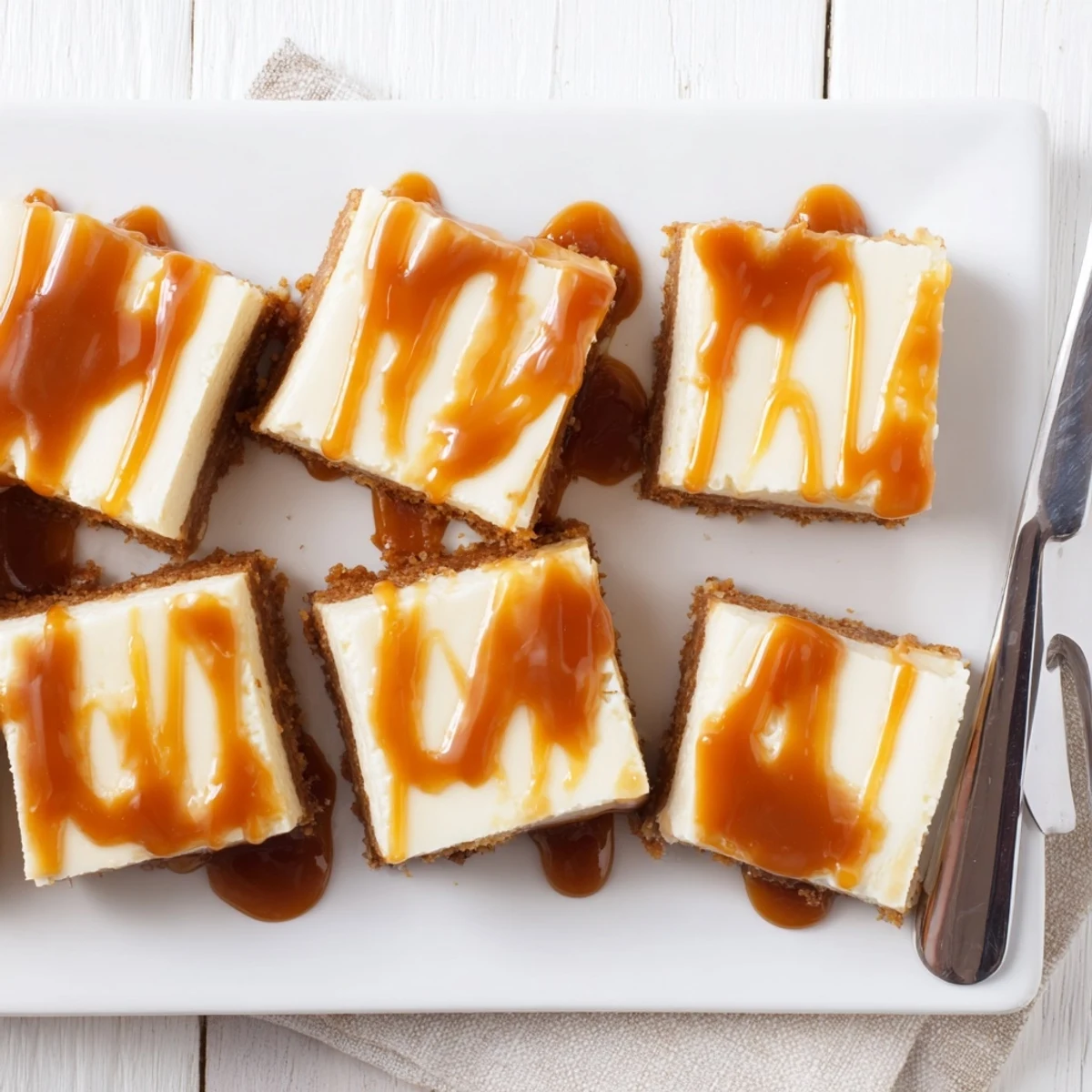 Decadent caramel cheesecake bars layered on golden graham cracker base with smooth caramel swirls