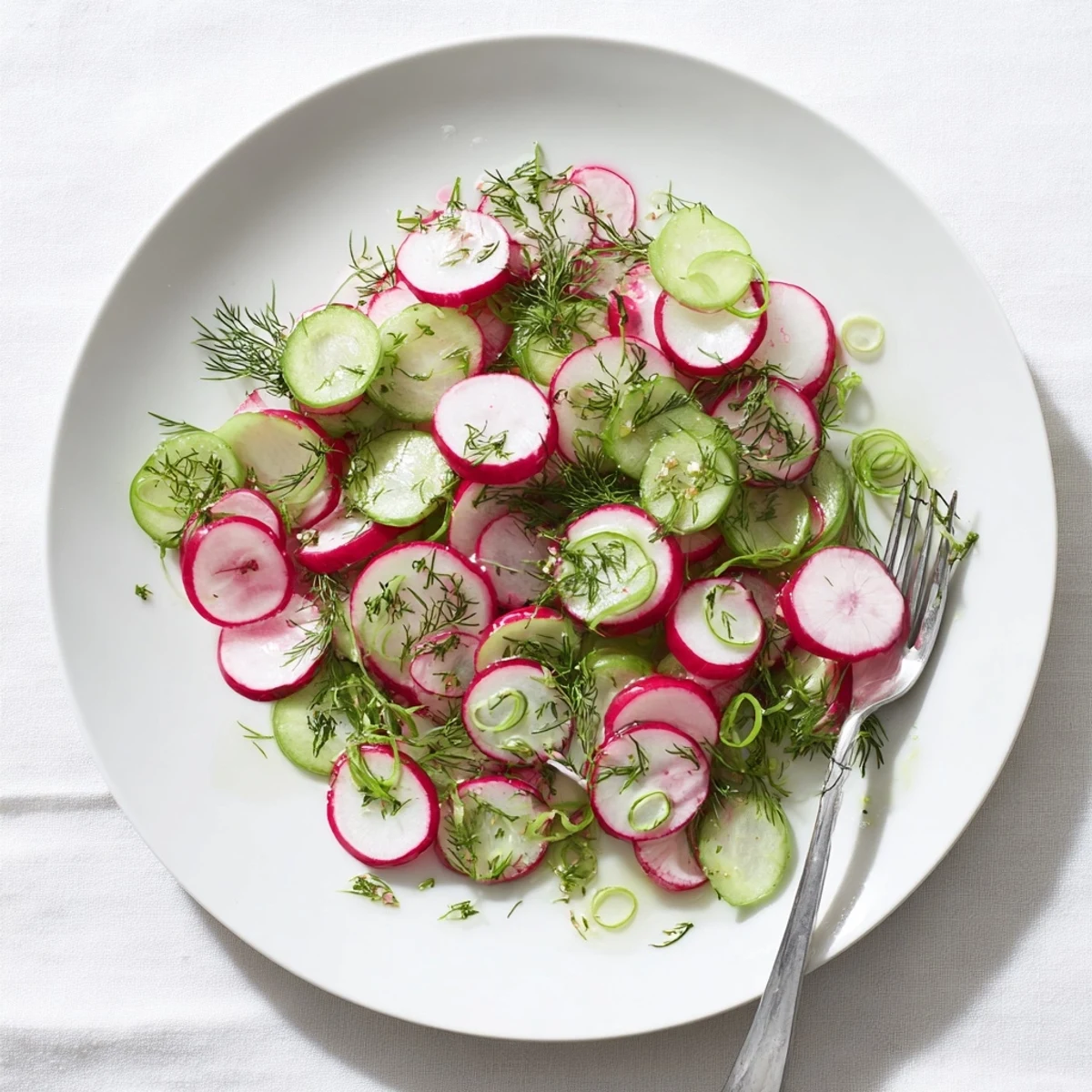 Crisp radish and cucumber salad arranged in serving bowl with tangy lemon olive oil dressing