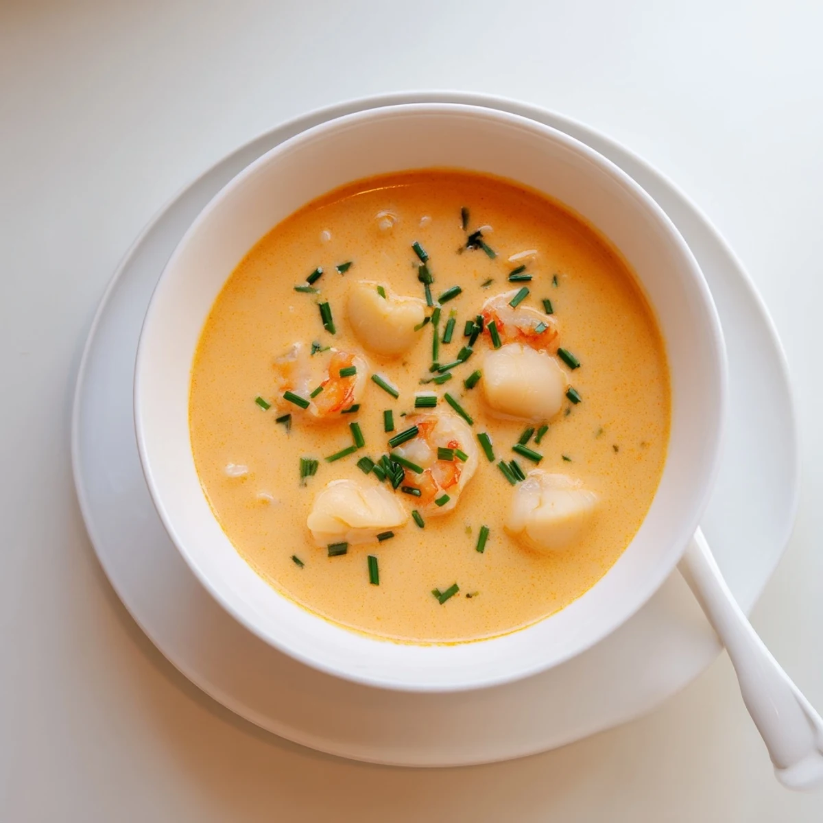 Creamy seafood bisque served in white bowls topped with fresh chopped chives