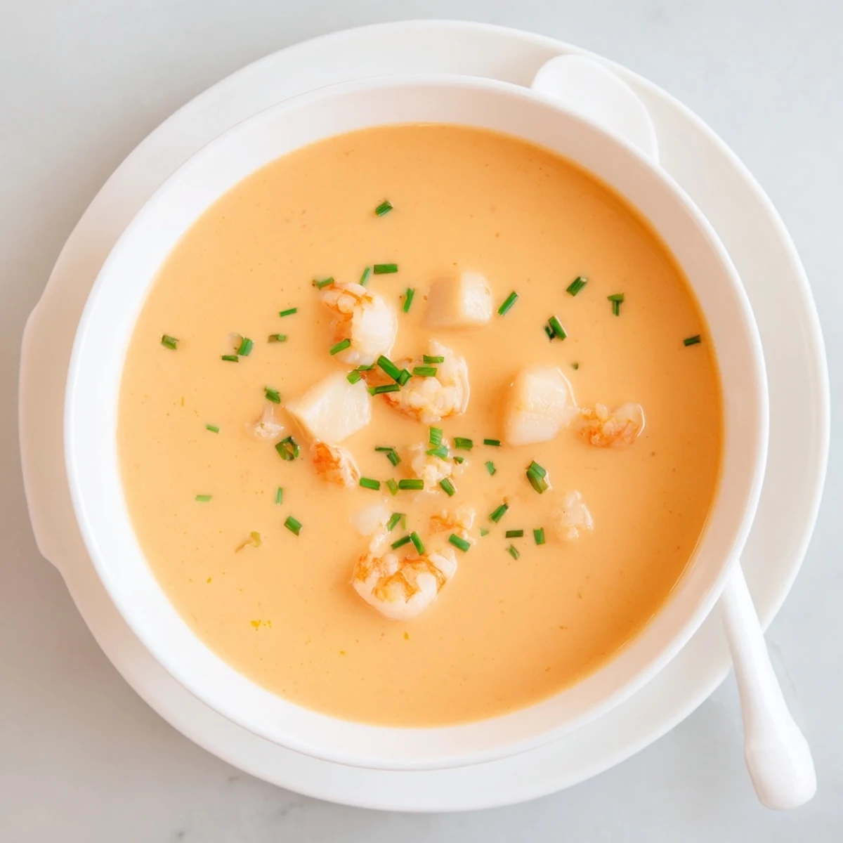 Golden orange seafood bisque with tender shrimp and crab pieces visible