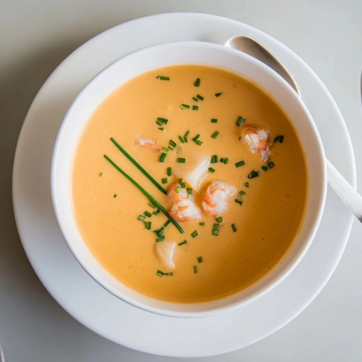Rich French seafood bisque garnished with herbs beside crusty bread slices