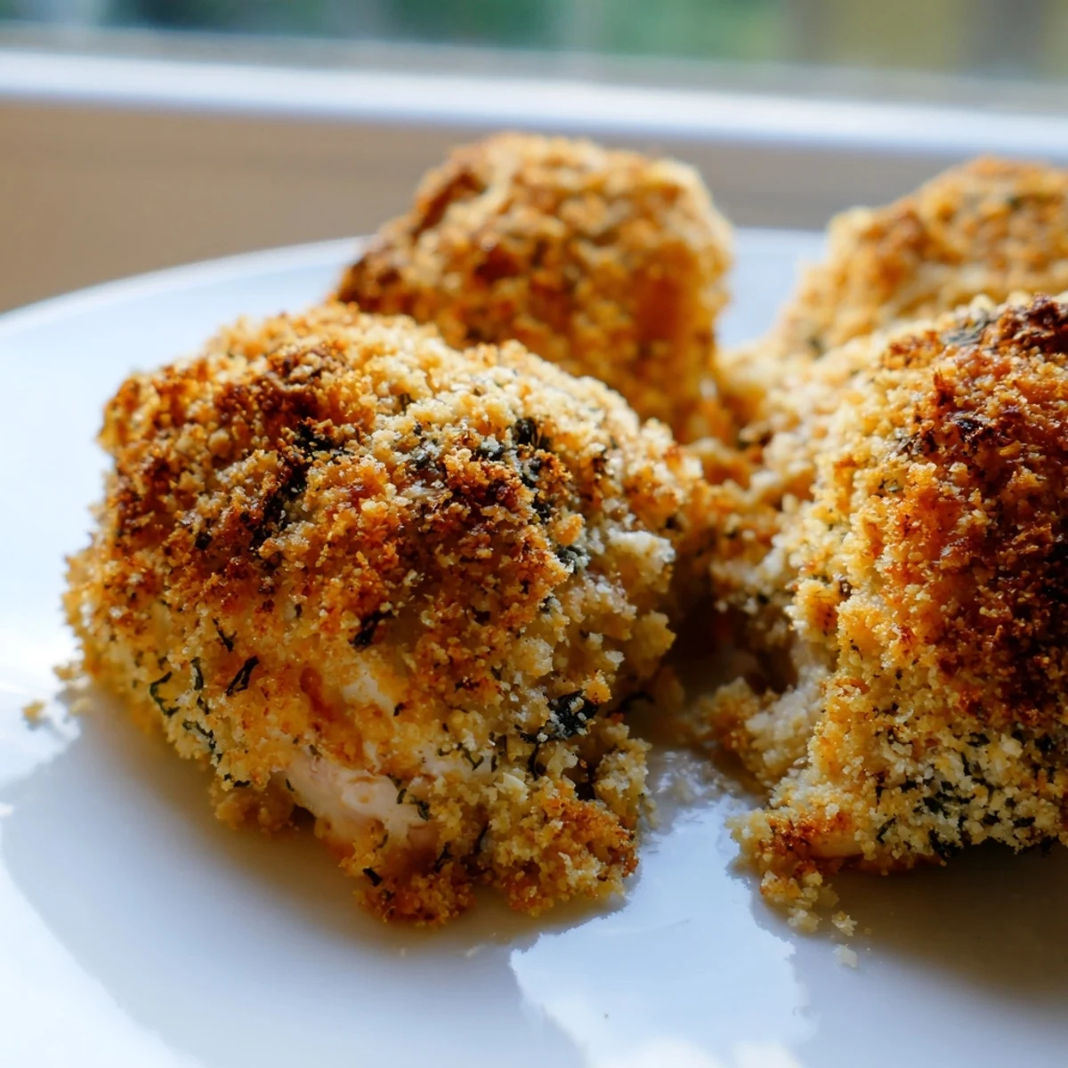 Golden brown herbed ricotta stuffed chicken rolls with crispy breadcrumb topping on a white plate