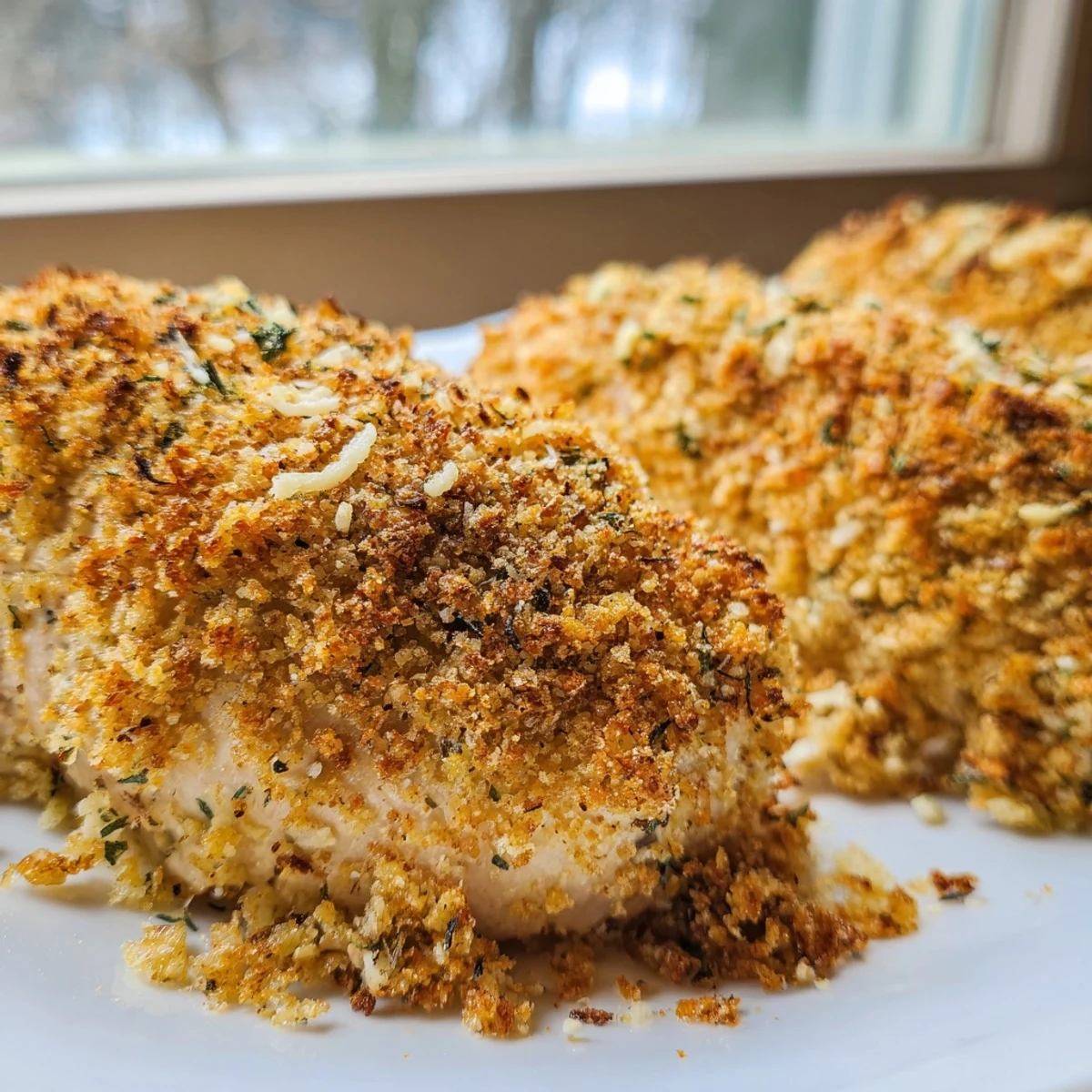 Sliced herbed ricotta stuffed chicken roll showing the savory cheese filling inside golden crust