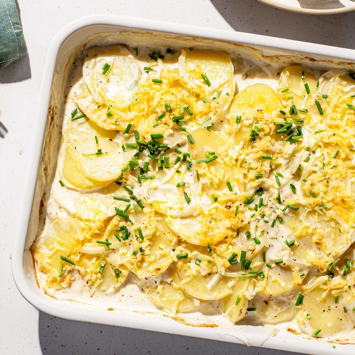 Golden potatoes au gratin with melted Gruyère cheese bubbling in a rich creamy sauce