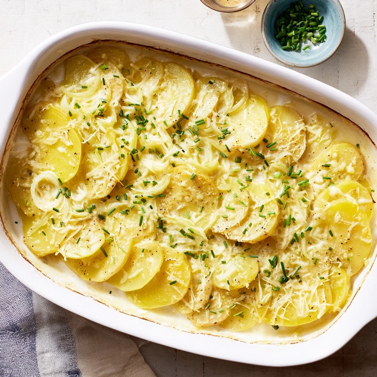 Tender layered potatoes baked with Gruyère until golden brown and deliciously bubbly