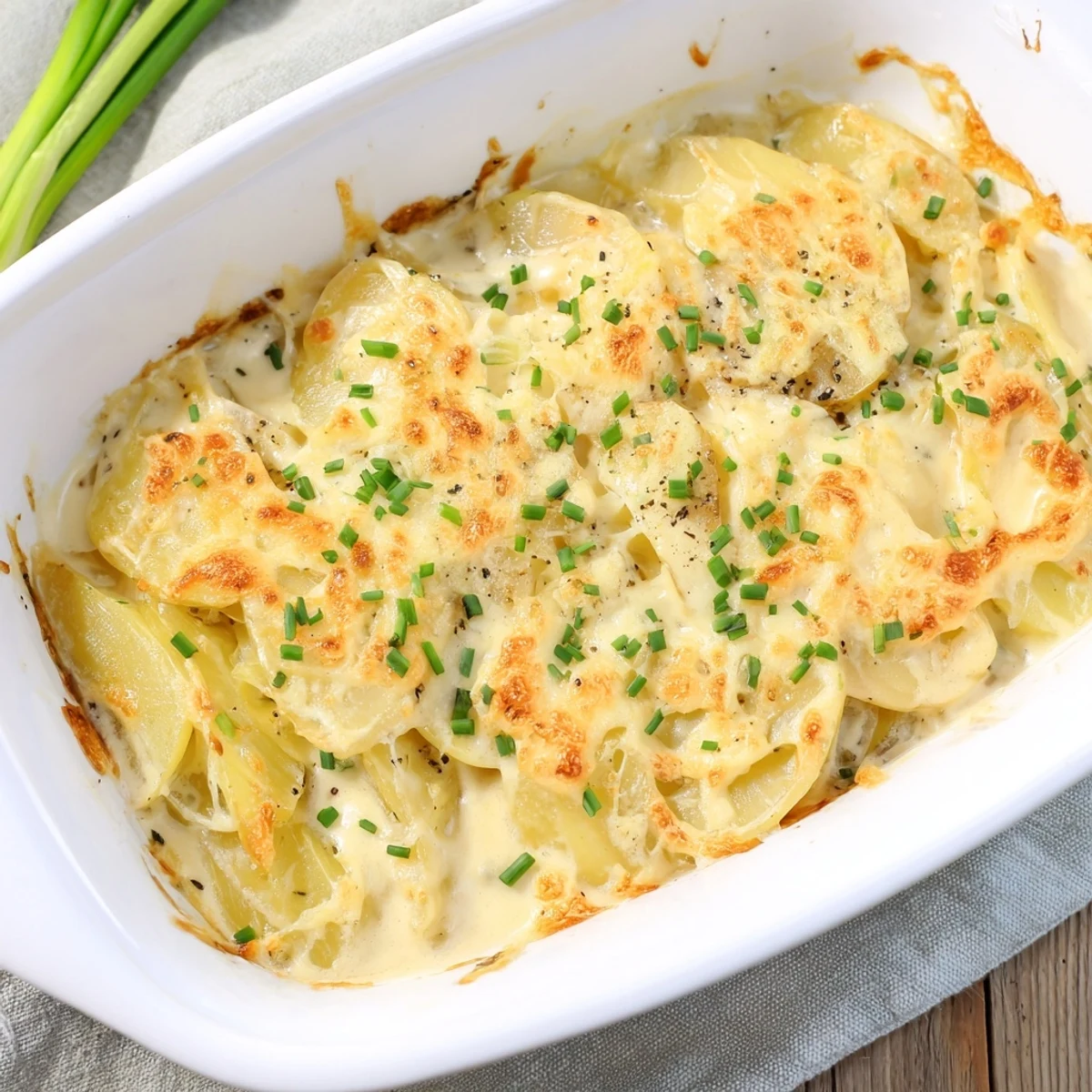 French-style potatoes au gratin topped with browned Gruyère in a buttery cream sauce