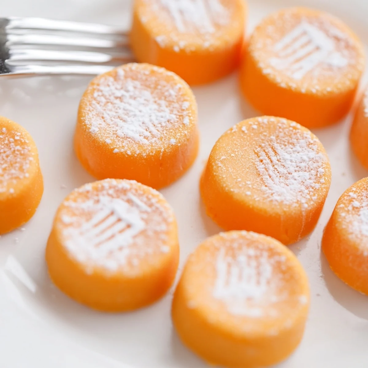Homemade orange cream cheese mints with fork patterns resting on parchment paper ready for serving