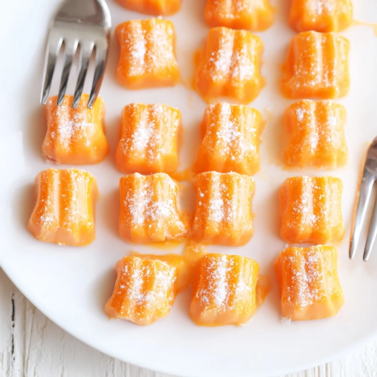 Small pastel orange cream cheese mints arranged on a white serving platter for parties