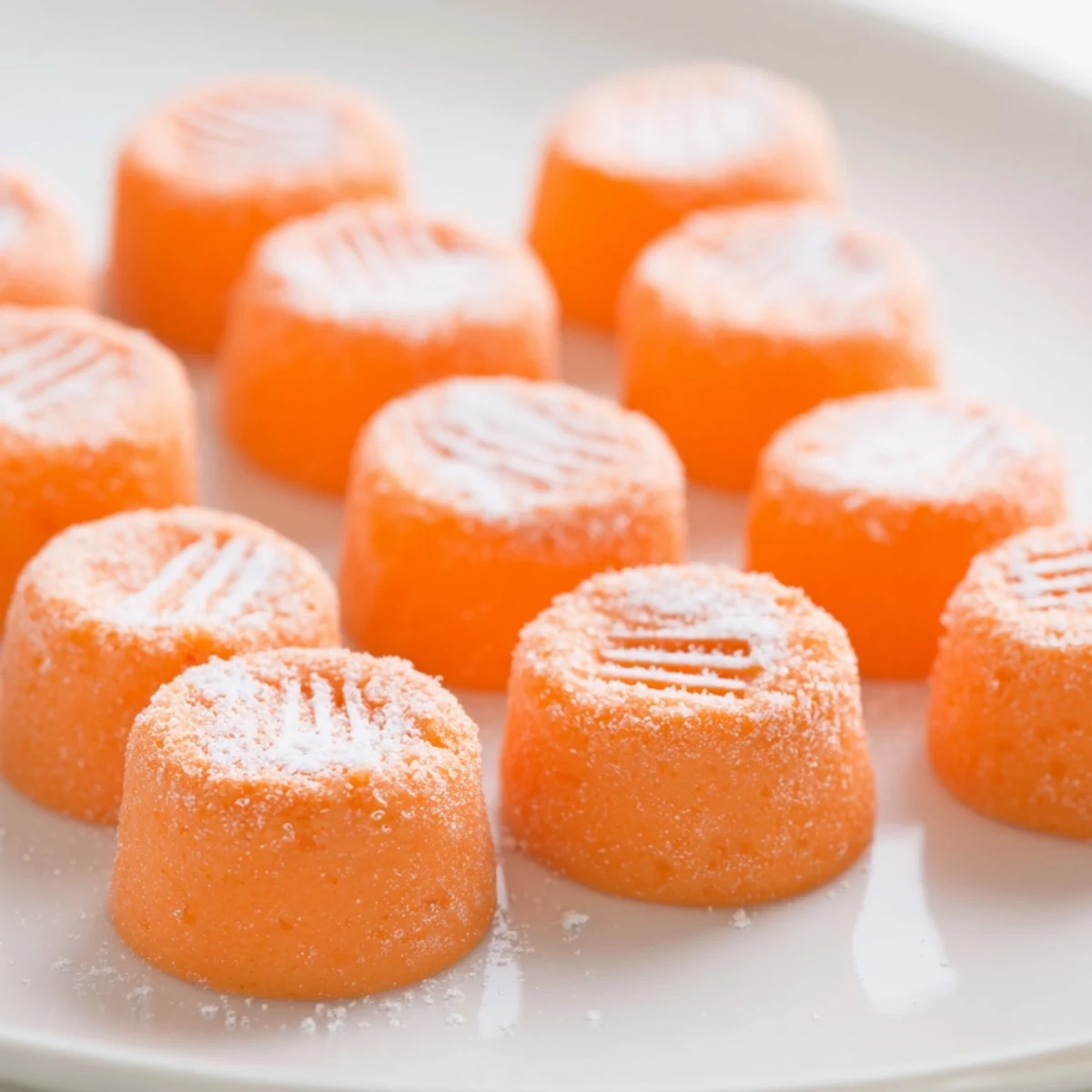 Creamy orange cream cheese mints dusted with powdered sugar on a decorative glass dessert plate