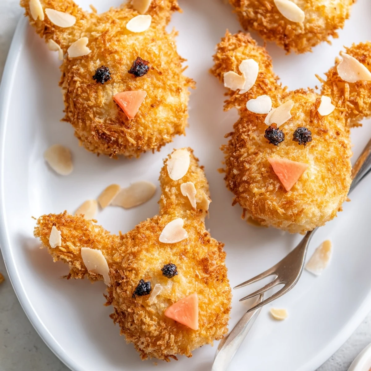 Golden Easter Bunny potato croquettes with almond ears and carrot noses arranged on white serving platter
