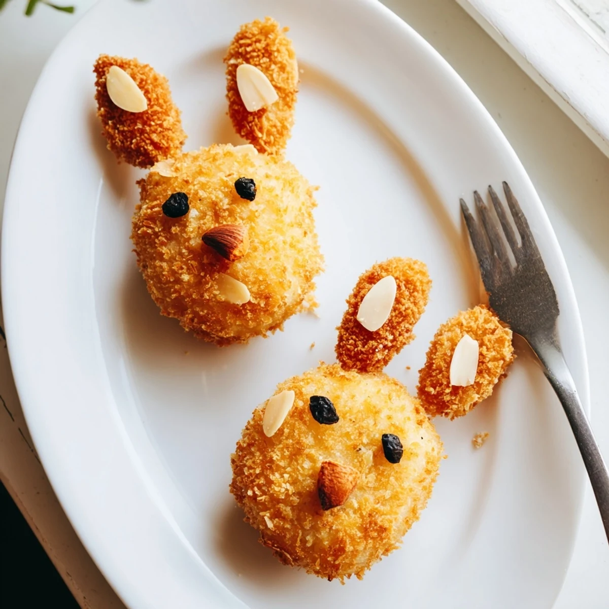 Crispy fried bunny-shaped potato croquettes featuring peppercorn eyes and panko coating for festive spring appetizer