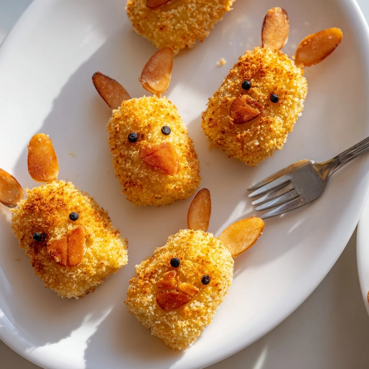 Fluffy mashed potato croquettes shaped like adorable bunnies with Parmesan and nutmeg, served with dipping sauce
