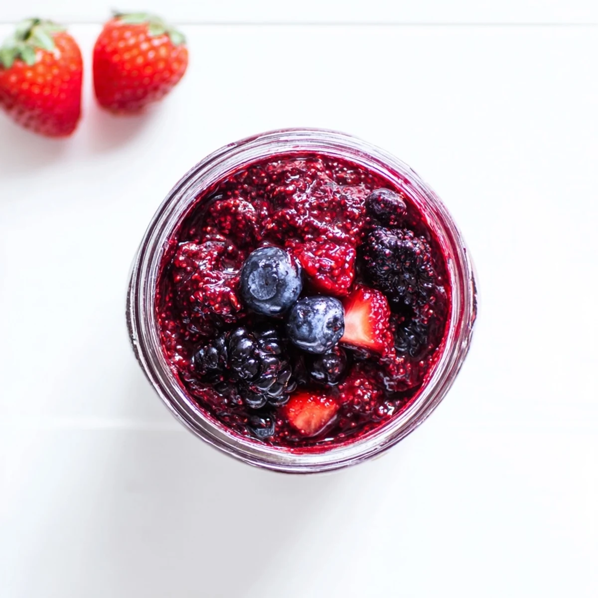 Vibrant jar of easy berry chia seed jam topped with fresh whole strawberries