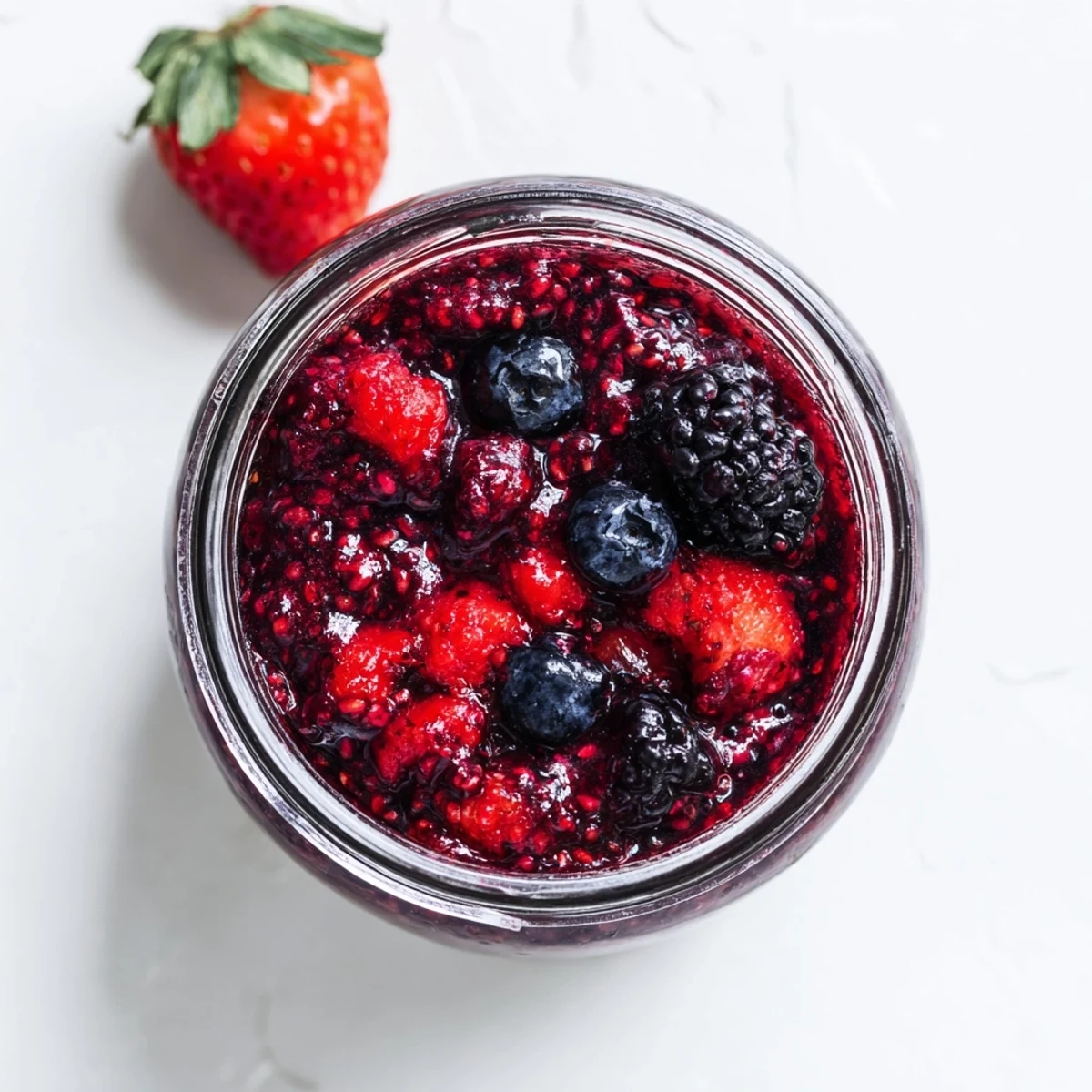 Spoonful of thick easy berry chia seed jam glistening on rustic wooden board