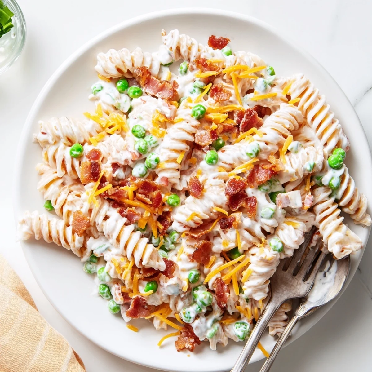 Cold pasta salad featuring rotini noodles, crumbled bacon, shredded cheddar, and tangy ranch