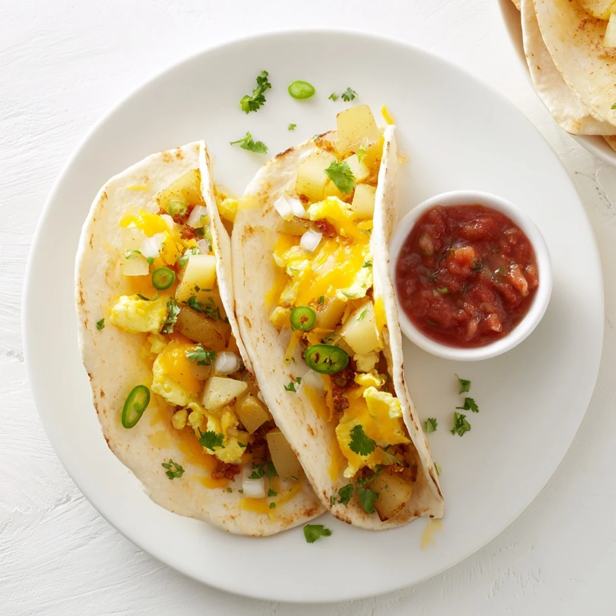 Golden potato egg cheese breakfast tacos filled with fluffy scrambled eggs and melted cheddar