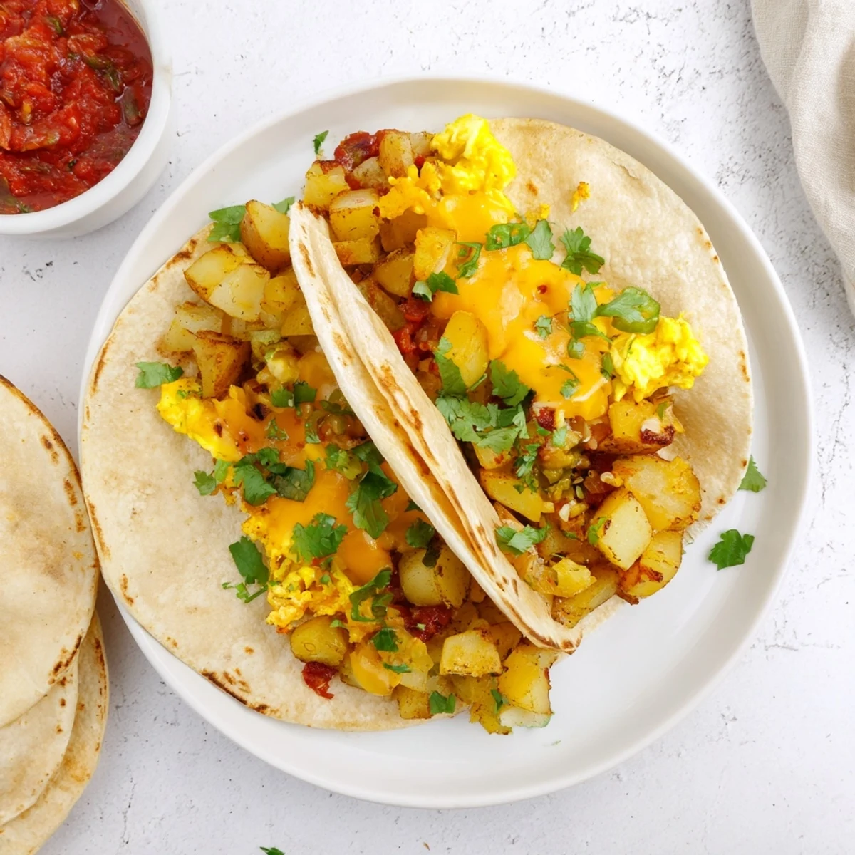 Warm flour tortillas loaded with crispy potatoes, scrambled eggs, and shredded cheese topping