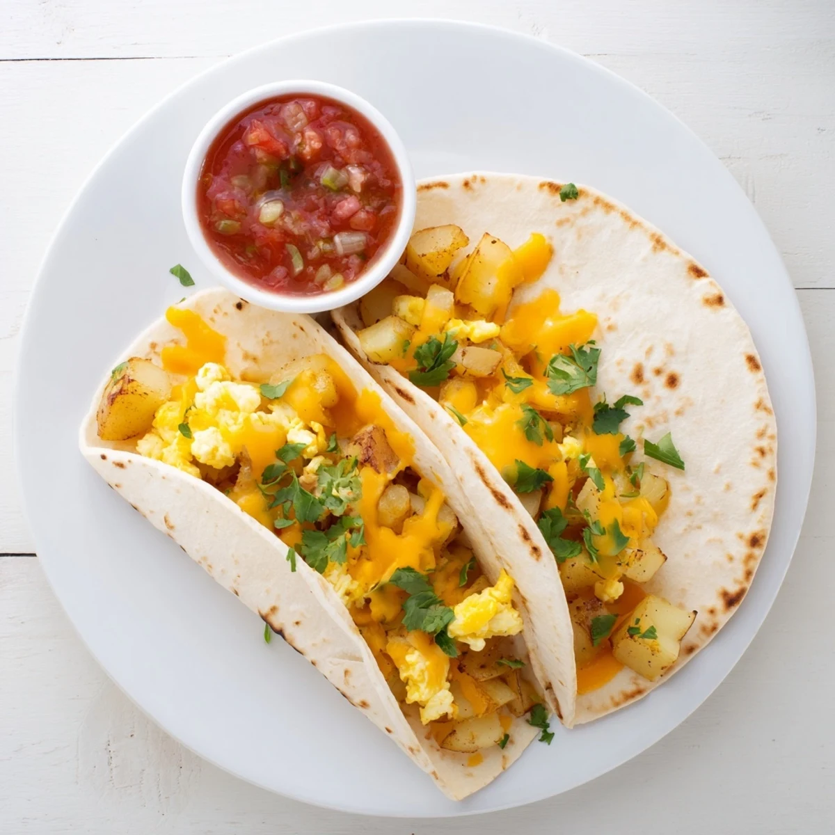 Hearty potato egg cheese breakfast tacos garnished with fresh cilantro and served with salsa