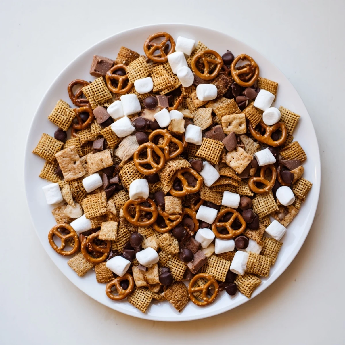 Colorful s'mores snack mix with graham cereal, marshmallows, pretzels, and milk chocolate chips in a white bowl