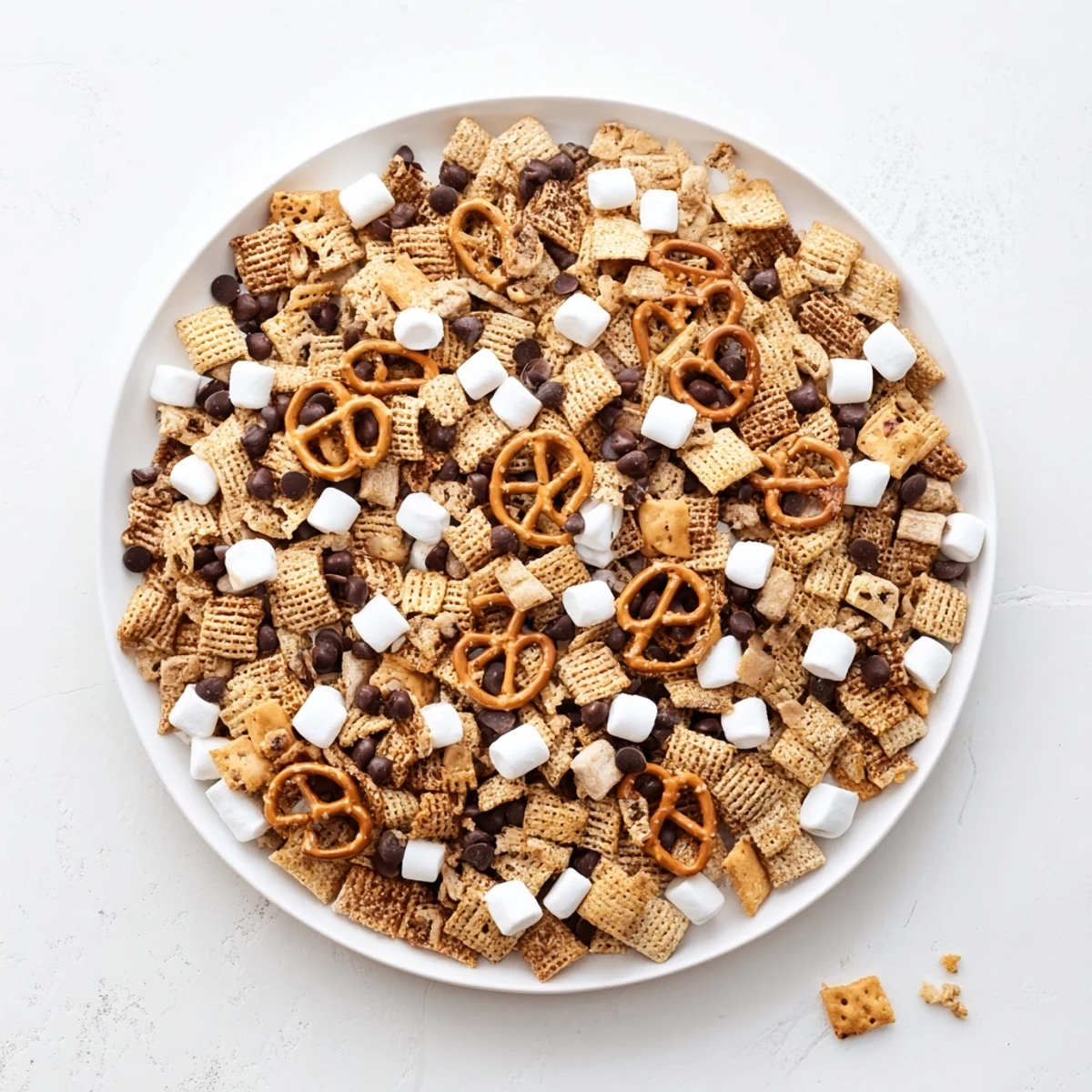 Rustic wooden table displaying sweet s'mores snack mix with mini marshmallows and chocolate scattered over crunchy golden grahams