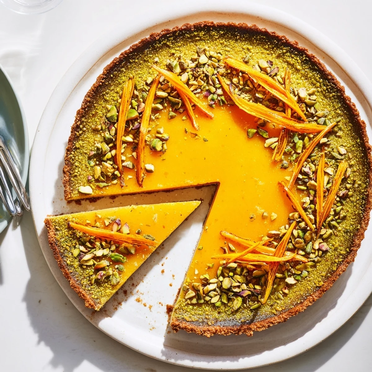Golden orange cardamom tart slice revealing creamy citrus filling atop green pistachio crust