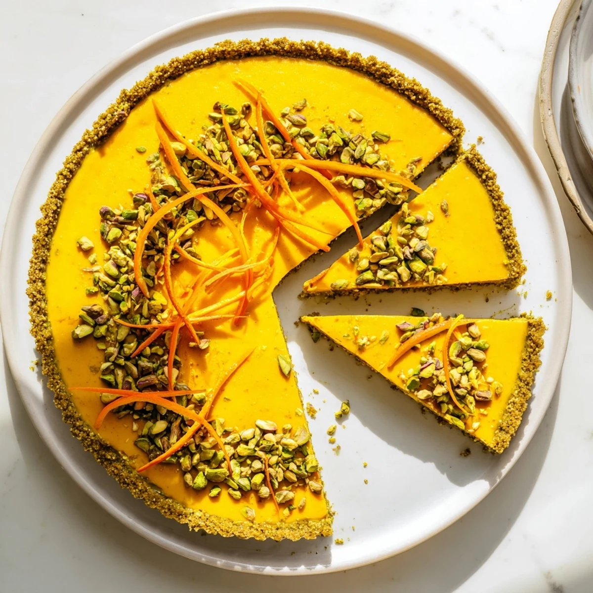Creamy orange cardamom tart in nutty pistachio crust served on white dessert plate