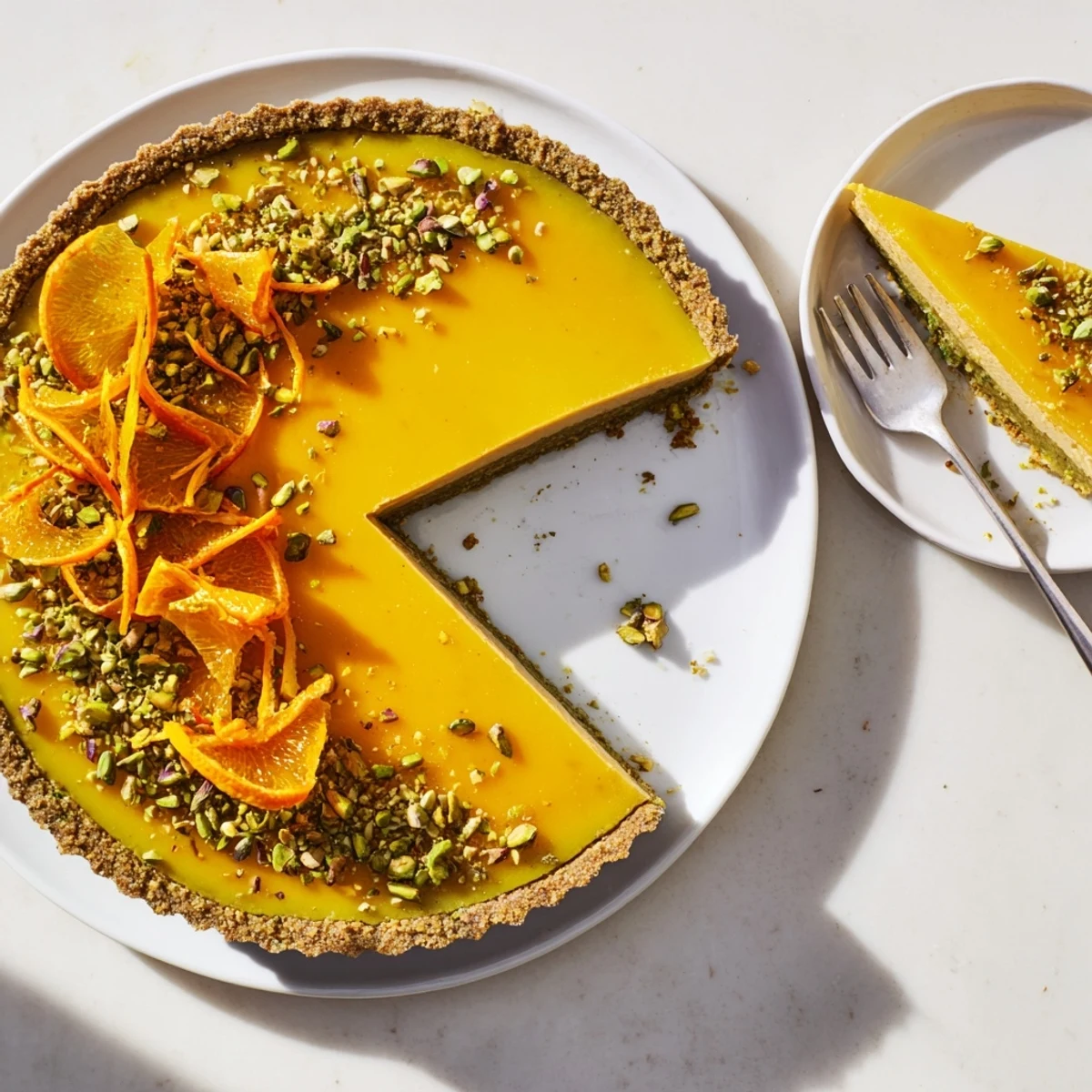Elegant orange cardamom tart plated with chopped pistachios and vibrant orange zest garnish