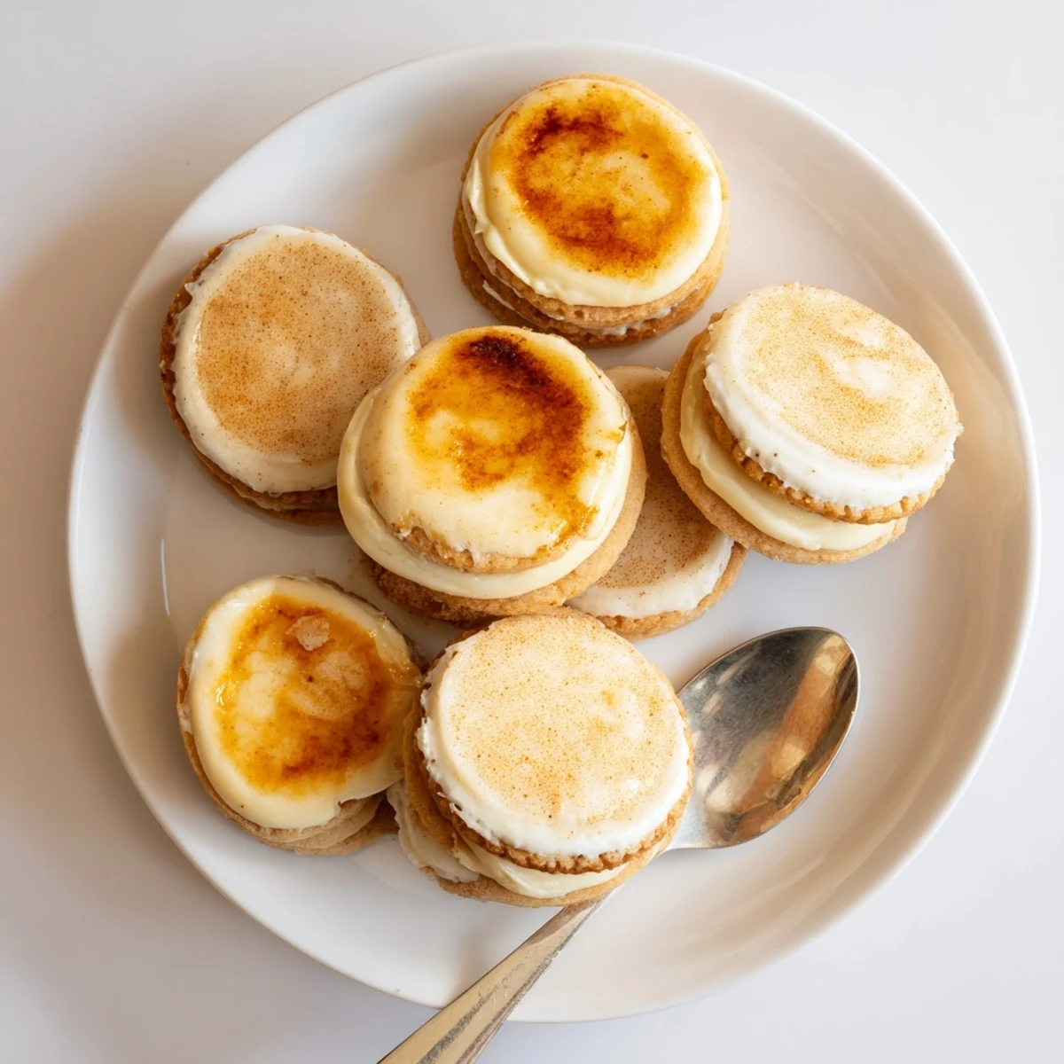 Golden crème brûlée shortbread cookies topped with caramelized sugar and creamy custard center