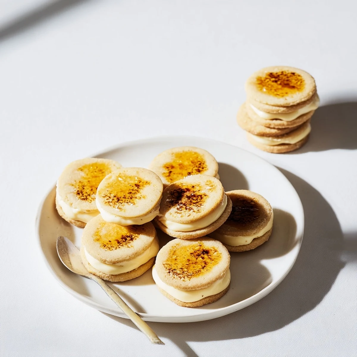 Crispy sugar-topped crème brûlée shortbread cookies on white plate with kitchen torch marks visible