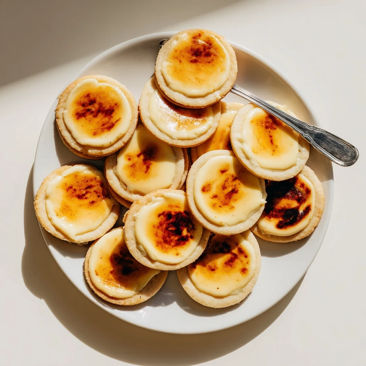 Buttery shortbread cookies with torched sugar crust inspired by classic French crème brûlée dessert