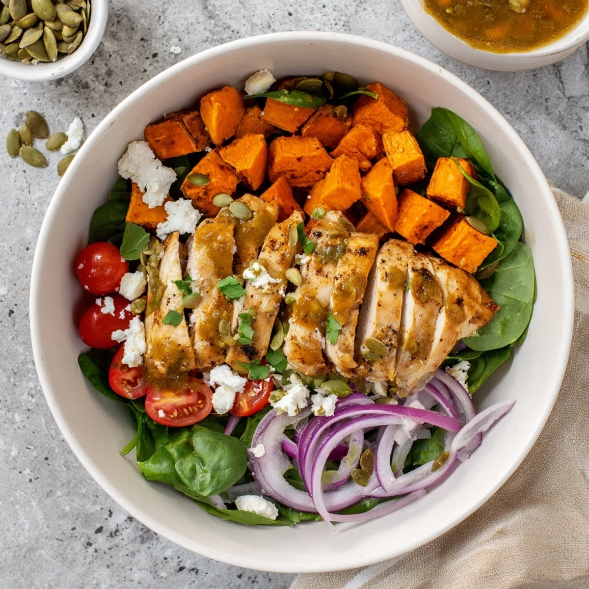 Golden glazed chicken sliced atop roasted sweet potato cubes with fresh spinach and cherry tomatoes in a bowl