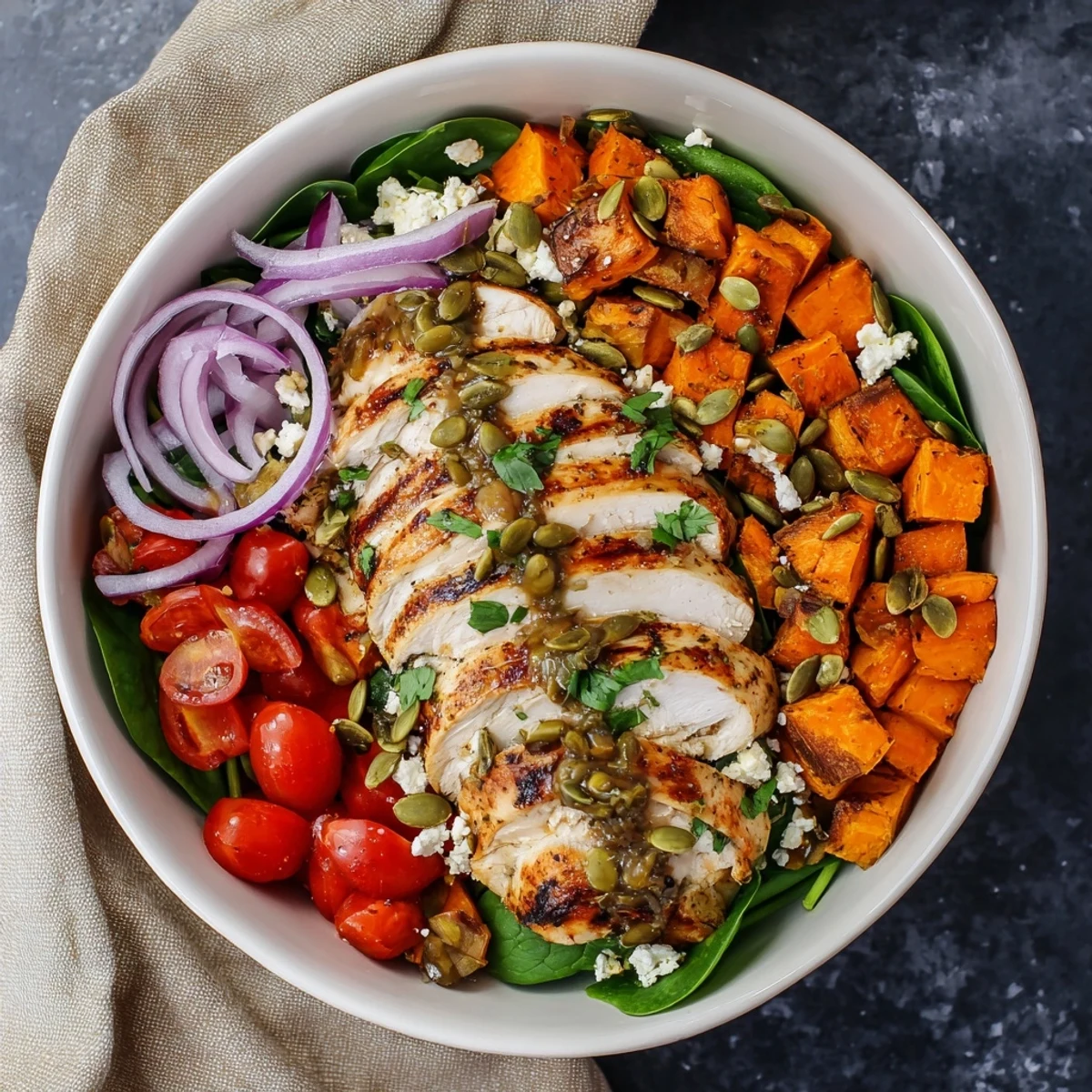 Juicy marinated chicken with caramelized sweet potatoes and crisp tomatoes arranged in a balanced gluten-free grain bowl
