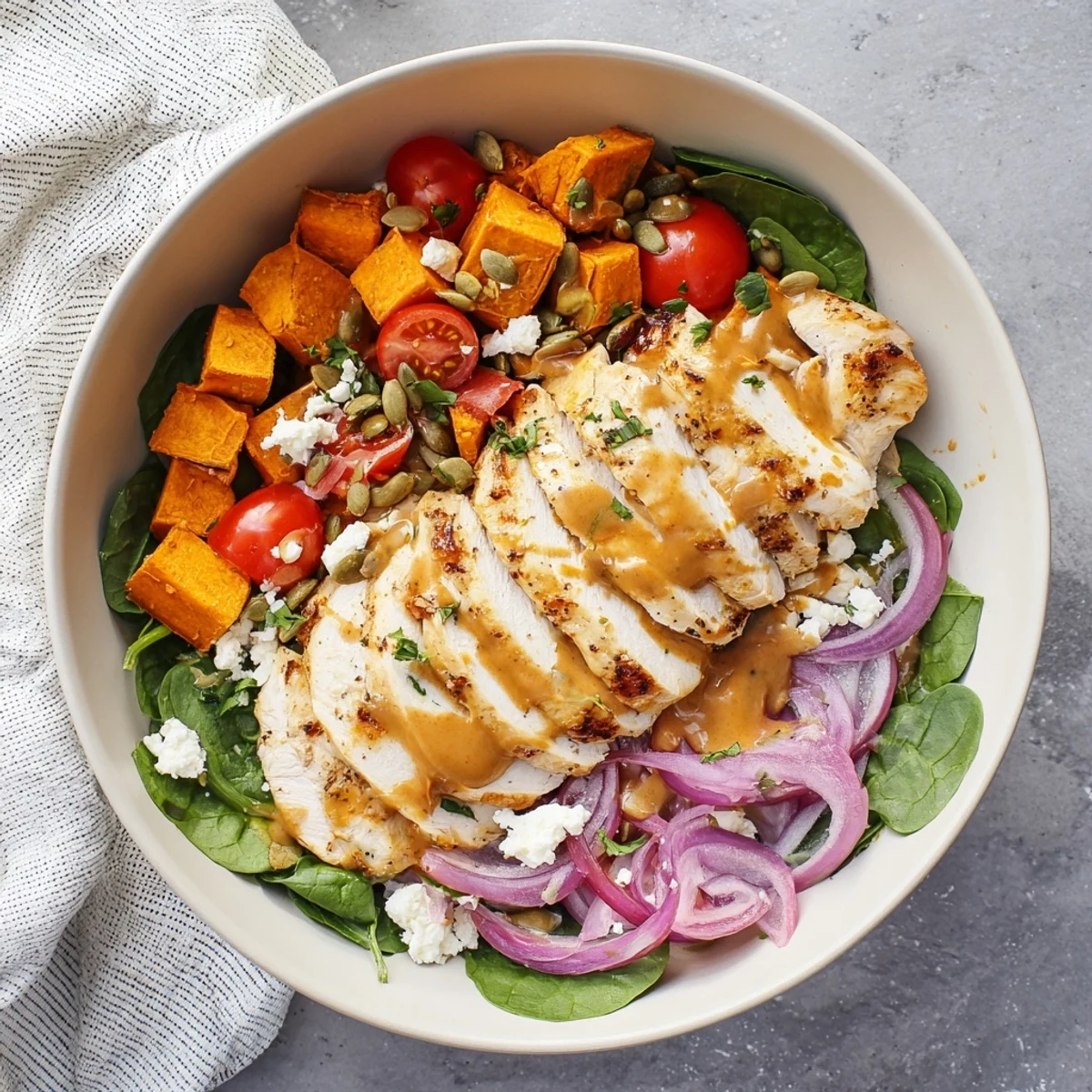 Savory maple Dijon chicken breast served over colorful roasted vegetables and leafy greens in a wholesome meal prep bowl